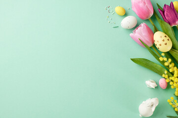 Spring awakening: Easter's gentle palette. Top view shot of tulips, decorated eggs, bunny figurines, candy sprinkles on teal background with space for advertisements or greetings