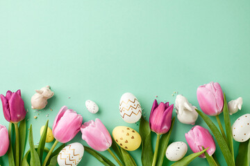 Easter festivity: a springtime bloom. Top view shot of tulips, bunny figurines, decorated eggs on...