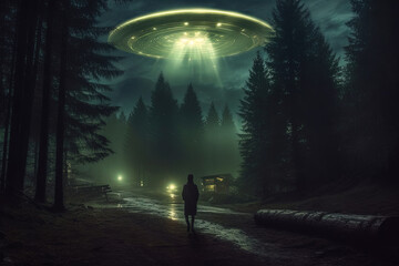 A solitary figure stands on a misty forest path, gazing up at the luminous disk of a UFO shining beams of light through the shrouded trees