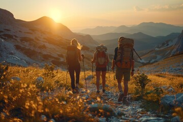 Outdoor adventure enthusiasts hiking in a scenic mountain landscape - obrazy, fototapety, plakaty