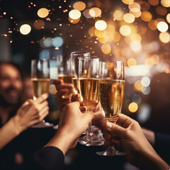 people, holidays, celebration and drinks concept - close up of happy friends clinking glasses with champagne over night city background