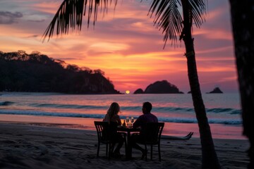 A couple enjoying a romantic sunset dinner on a beach