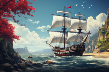 Traditional painting depicting a sailing ship with billowing sails navigating through the vast expanse of the ocean