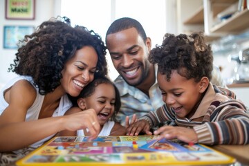 Family playing board games and laughing together at home  - obrazy, fototapety, plakaty