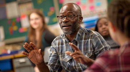 Fototapeta premium A charismatic speaker captivates his audience with a warm smile and confident presence, his glasses adding a touch of intellect to his engaging discussion against the backdrop of a stylish indoor set