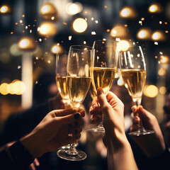 people, holidays, celebration and drinks concept - close up of happy friends clinking glasses with champagne over night city background