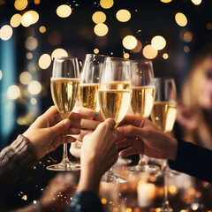 people, holidays, celebration and drinks concept - close up of happy friends clinking glasses with champagne over night city background