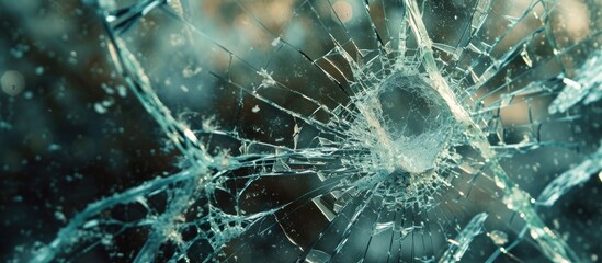 This closeup image captures the resilience and haunting beauty of a shattered glass window in a junkyard setting. - obrazy, fototapety, plakaty