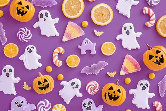 Halloween background with many ghosts and candies, in the style of light purple and amber, mischievous feline motif, decorative pattern borders, uhd image, elaborate borders.