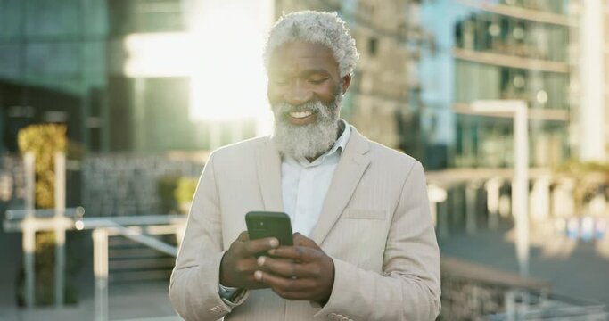Outdoor, business and old man with cellphone, contact and typing with internet, city and smile. Opportunity, senior person and employee with smartphone, mobile user and lens flare with communication