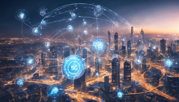 A city connected to 5G technology, connectivity and speed. Generative ai
