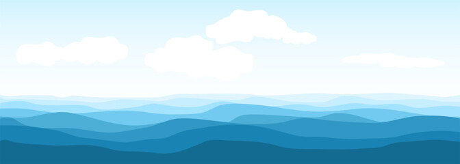 Fototapeta na wymiar Blue ocean or sea waves. Realistic vector ocean waves and sky with clouds on wide background. Abstract blue sea waves. Vector illustration