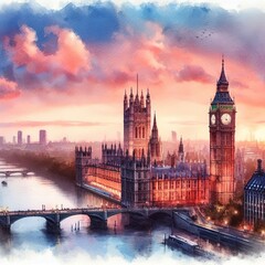 Fototapeta na wymiar A Watercolor Panorama of Sunset Over Westminster.