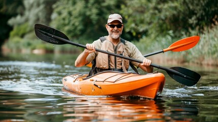 Active senior couple smiling while kayaking in a beautiful river or sea on vacation
