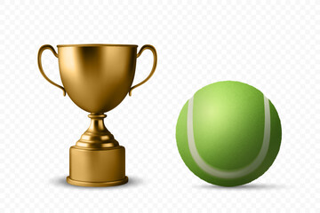 Vector 3d Realistic Blank Golden Champion Cup Icon with Tennis Ball Set Closeup Isolated. Design Template of Championship Trophy. Sports Awards, Victory Celebrations, Golf Championship Concept