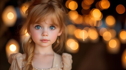 Portrait of a beautiful child with sparkling eyes and festive lights