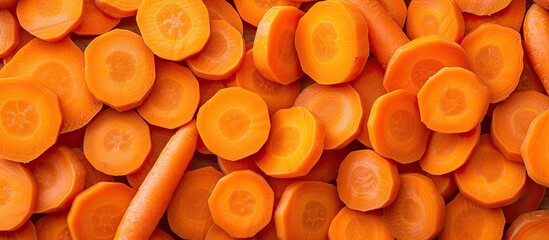 This photo showcases a pile of sliced carrots, raw and full of vitamins, arranged in a top-down perspective. - obrazy, fototapety, plakaty
