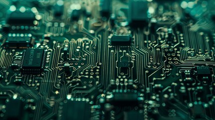 Fototapeta premium Glowing Techno Wonderland: A Close-Up of the Secret Life of a Computer Circuit Board
