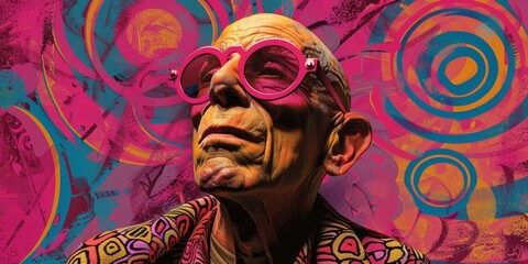 Artistic colorful portrait of a boomer, best ager wearing super big glasses and remembering partying, dancing, being wild. Elder remembering wild sixties. Concept of staying young, enjoying your way.
