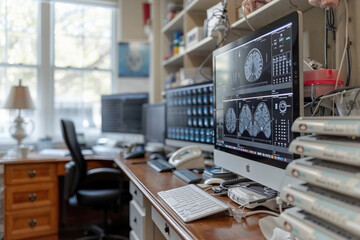 Medical office with advanced diagnostic imaging monitors displaying brain scans - obrazy, fototapety, plakaty