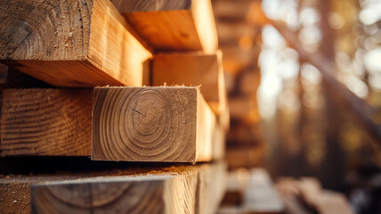 Stacked lumber in warm light representing construction, natural resources, carpentry, and sustainability.