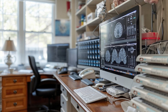 Medical office with advanced diagnostic imaging monitors displaying brain scans