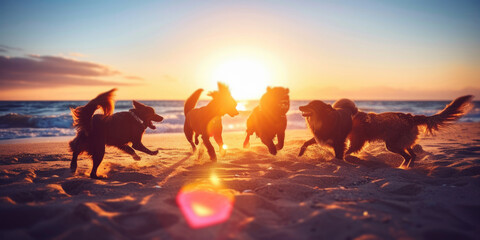 long shot of pets (dogs) playing on the beach running, sunrise, wild beach nature , backlit photography, Golden Retriever running, splashing, swimming and full of joy in the sunshine sunrise. 