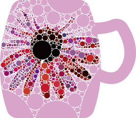 Eine rosafarben-weiße Tasse, dekoriert mit einer abstrakten Blüte, die aus farbigen Punkten und Kreisen gestaltet ist. Als Überlagerung, Overlay, Symbol oder Hintergrund - obrazy, fototapety, plakaty