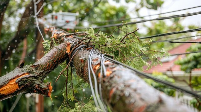 Tangled and broken power lines on the ground after a destructive storm with strong winds.