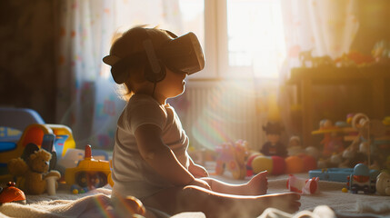 Little baby sitting on the ground inside a room surrounded with toys wearing virtual reality headsets. - Powered by Adobe