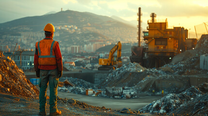 A worker gazes at the waste sorting plant construction amid litter piles against town backdrop