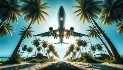 airplane landing over palm trees