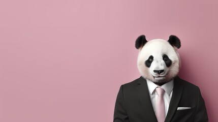 Anthropomorphic panda in business attire pretending to work in corporate environment, copy space