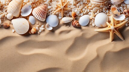 Fototapeta na wymiar Top view of sandy beach with white and beige seashells and starfish for summer travel design