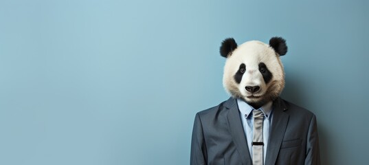 Panda in business suit, corporate workplace setting, plain wall background, copy space for text.