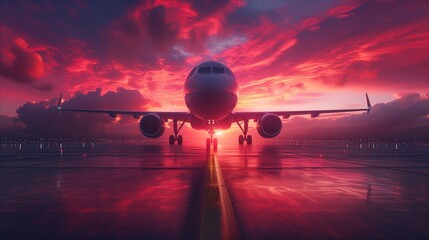Commercial airplane on runway during vibrant sunset, travel concept - obrazy, fototapety, plakaty