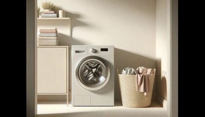 Minimalist laundry room interior bathed in natural light. modern front-loading washing machine with laundry woven laundry basket.