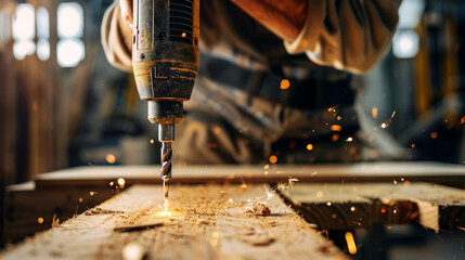 Carpenter with electric drill drilling wood plank at workshop. Woodwork concept.