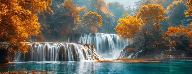 Majestic waterfall cascades through autumn colored foliage, serene turquoise pool below