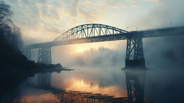A beautiful large bridge over the river in the fog at sunset, dawn. Generated by artificial intelligence