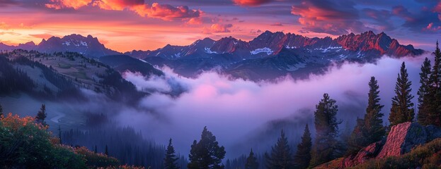 Panoramic view of mountain range seof clouds below and vivid sunrise sky