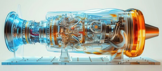 A detailed view of the inner workings of a cross-sectional turbo jet engine, revealing the complex machinery on a white surface.