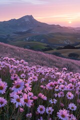 Obraz premium Sunset over hill blanketed in vibrant pink flowers, radiant beams lighting sky