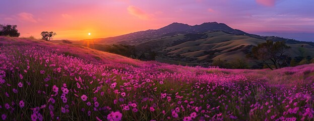 Pink wildflowers blanketing hillside at sunset, panoramic view mountains in background and single tree highlighted by warm light