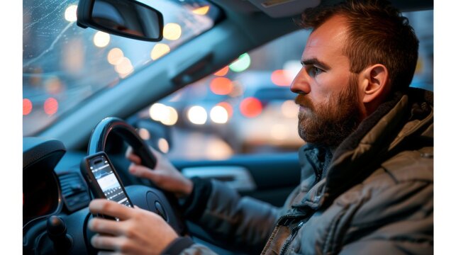 Distracted driving  young man using smartphone while driving, unsafe driving concept - Powered by Adobe