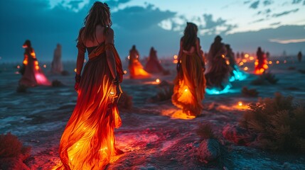 Enigmatic festival scenes with women in ornate costumes, amidst a warm bokeh glow