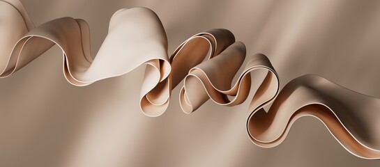 3d rendering. Abstract beige background of curvy ribbon floating. Modern minimal elegant wallpaper