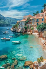 Foto op Canvas Vibrant seaside town terracotta roofs, azure waters and boats, under streaked blue sky, wide angle view © HY