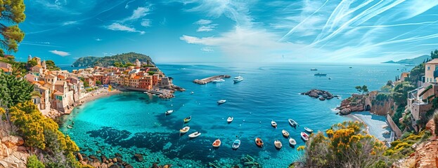 Coastal village colorful houses perched on cliff above turquoise cove boats, under blue sky - obrazy, fototapety, plakaty