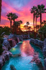 Palm trees silhouette against vibrant sunset over rocky waterfall oasis calm turquoise pool